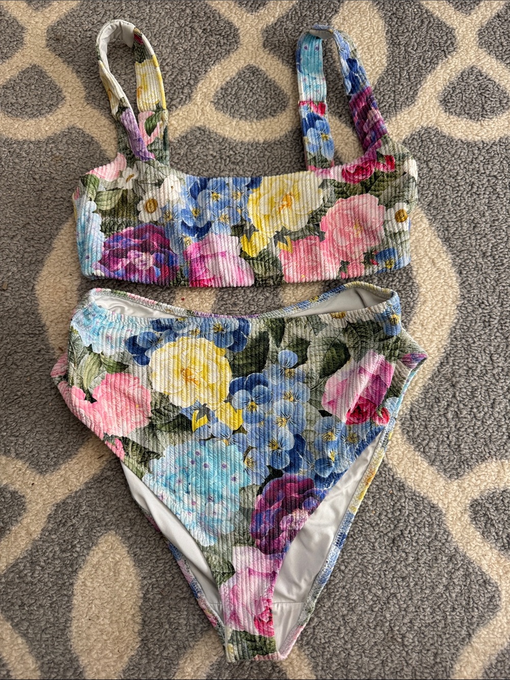 Floral Ribbed High-Waist Bikini Set - Pastel Multicolor